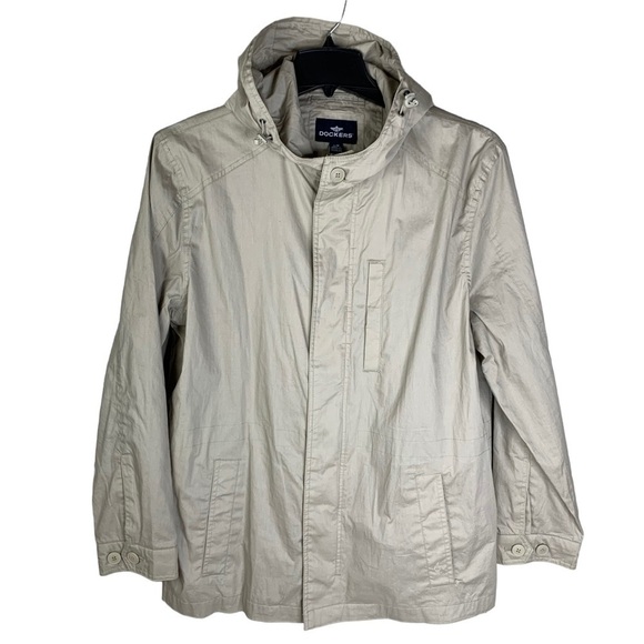 Men’s Dockers Khaki Fishing Chore Windbreaker Mesh Lined Jacket Pockets Hood LRG - Picture 3 of 13